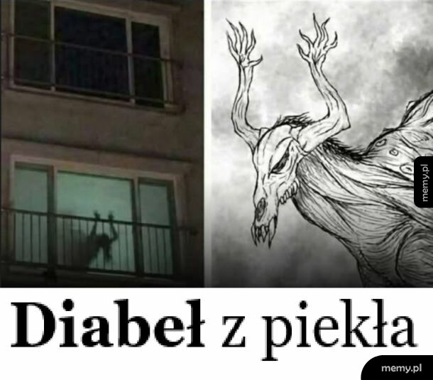 Cień postaci na balkonie obok rysunku demona z rogami.