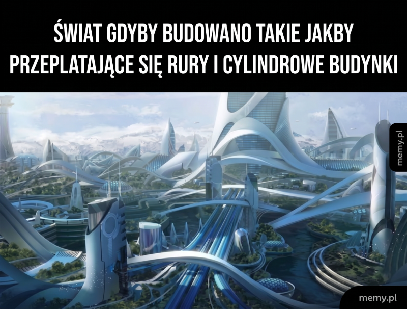 Futurystyczny krajobraz z rury i cylindrowymi budynkami.
