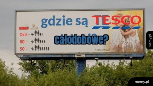 Billboard z pytaniem o lokalizację Tesco, z grafiką i ikonami ludzi.