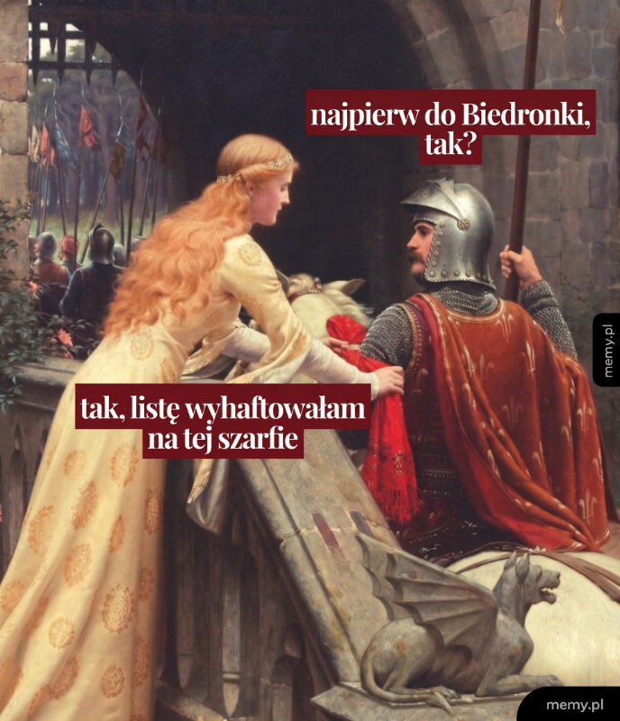 Kobieta rozmawia z rycerzem w średniowiecznym otoczeniu.
