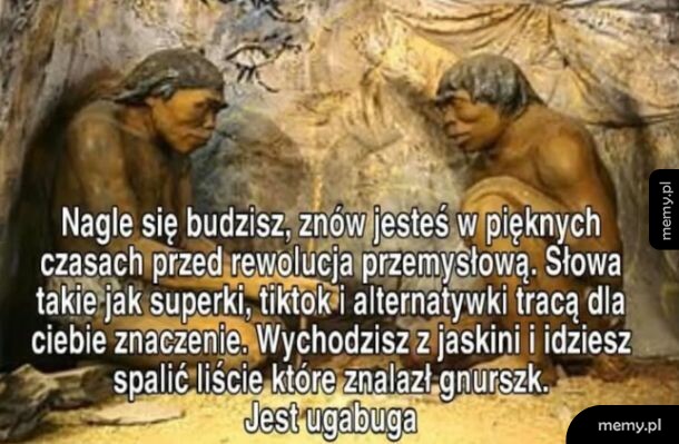 Dwaj prehistoryczni ludzie siedzący w jaskini, rozmawiający ze sobą.