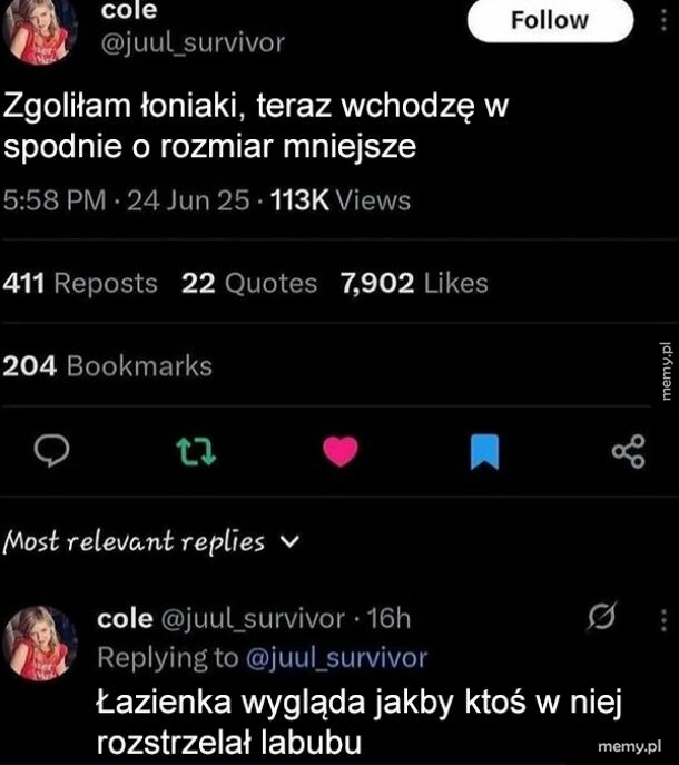 Post na Twitterze z tekstem o spodniach i łoniakach.