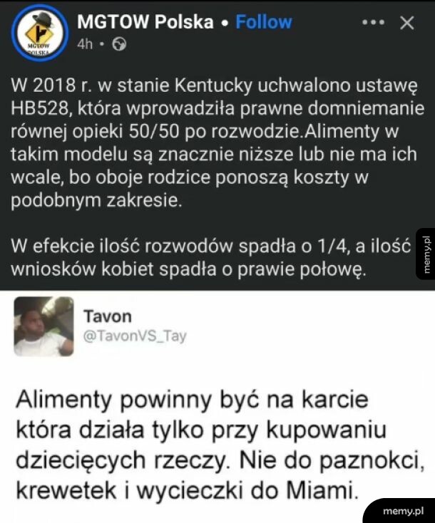 Post na Facebooku z informacjami o prawie HB528 w Kentucky i alimentach.