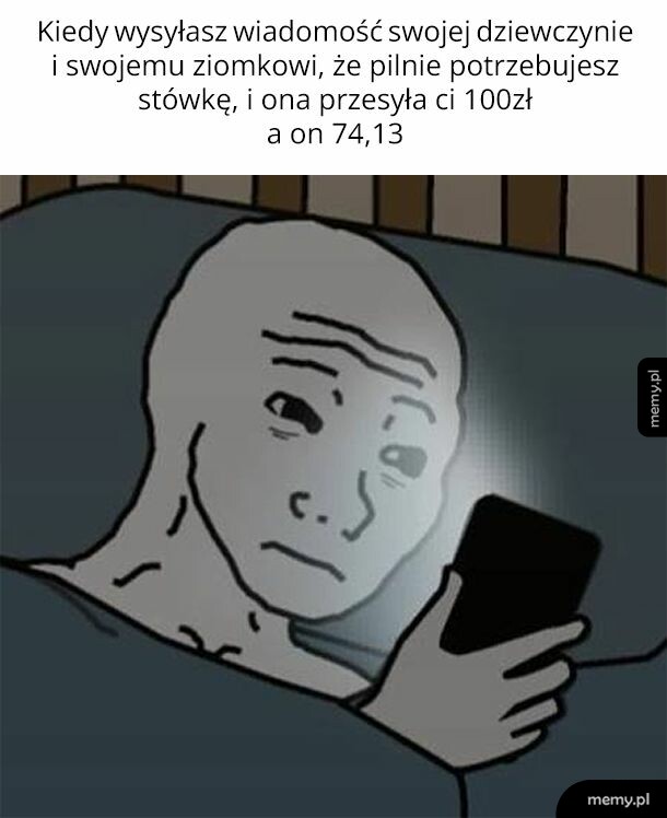 Osoba leżąca w łóżku, patrząca na telefon z zaskoczeniem.