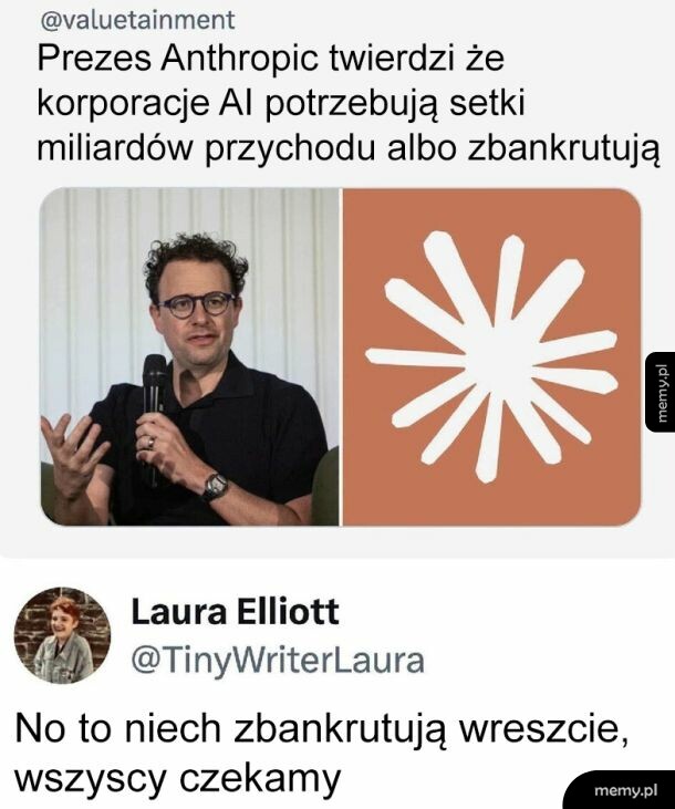Mężczyzna w okularach mówi o korporacjach AI, obok logo.