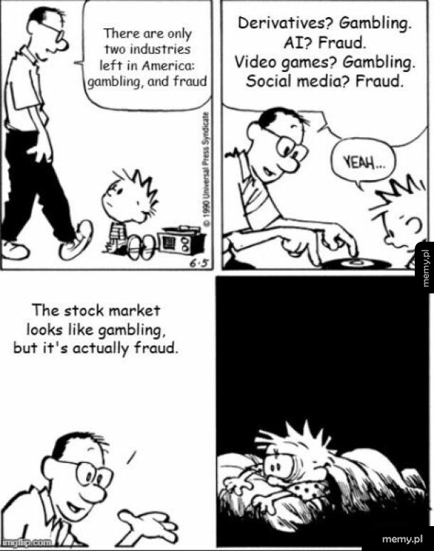 Kadr z komiksu przedstawiający rozmowę między dorosłym a dzieckiem na temat oszustw w różnych branżach.