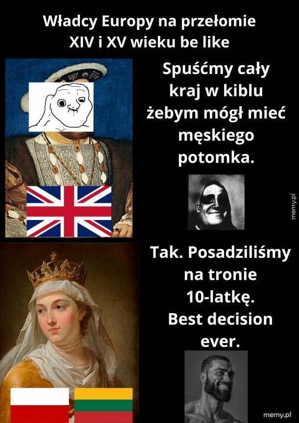 Meme z postaciami historycznymi i tekstami o władzy w Europie.