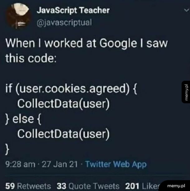 Kod JavaScript z warunkiem sprawdzającym zgodę użytkownika na cookies.