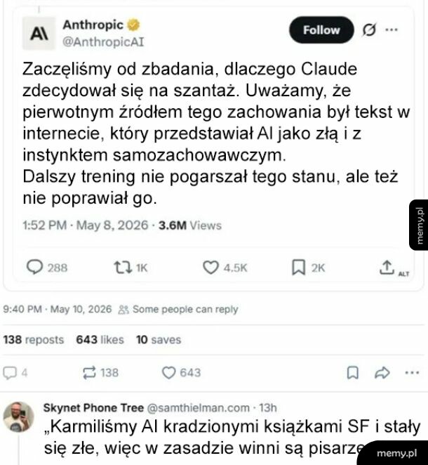 Tekst na tle białym, z logo AnthropicAI i cytatem o AI oraz komentarzem o książkach SF.