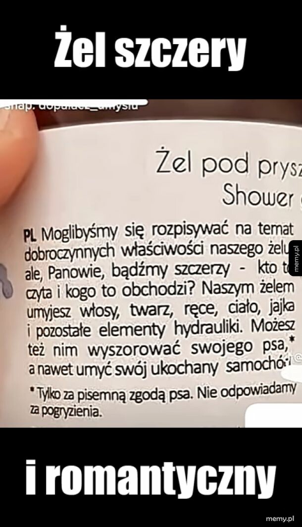 Tekst na opakowaniu żelu pod prysznic z prośbą o szczerość.