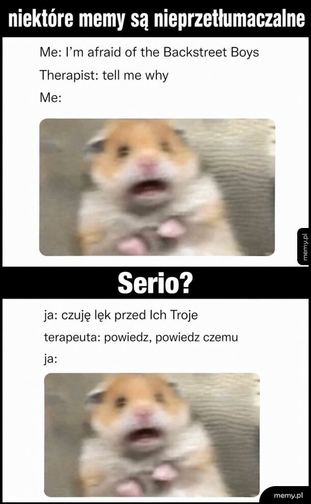 Zwierzę z przerażoną miną, teksty w dwóch językach.