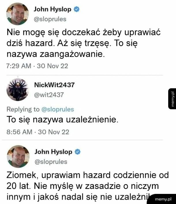 Rozmowa na Twitterze o hazardzie i uzależnieniu.