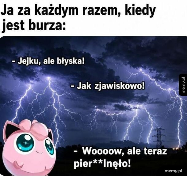 Postać z gry wideo z różowymi uszami na tle burzy z błyskawicami.