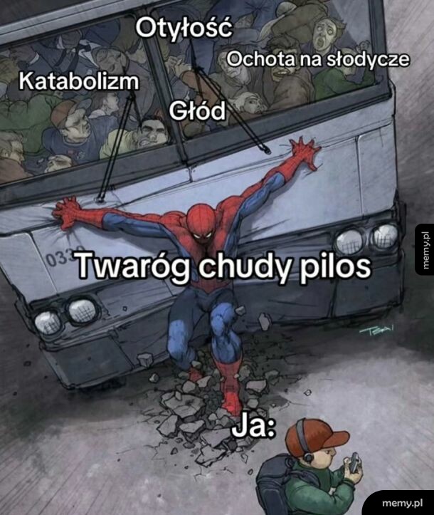Spider-Man trzymający autobus, z różnymi napisami wokół.