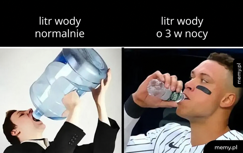 Mężczyzna pije wodę z dużego pojemnika, obok sportowiec pijący z butelki.