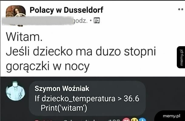 Post na grupie Facebook z pytaniem o gorączkę u dziecka i odpowiedzią w formie kodu.