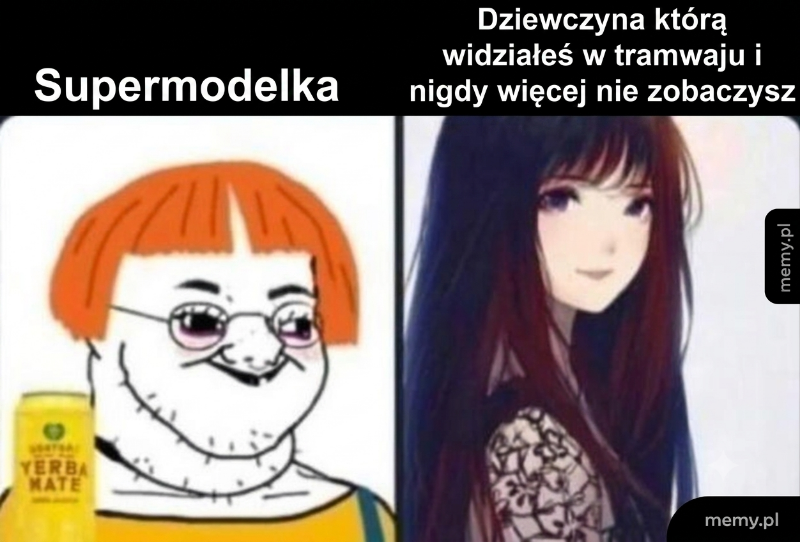 Postać z okrągłą twarzą i okularami obok anime dziewczyny.