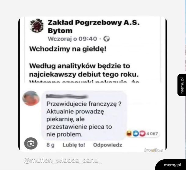 Post na Facebooku z informacją o debiucie roku oraz komentarzem o piekarni.
