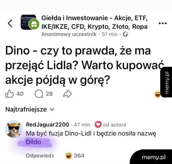Post na forum o przejęciu Lidla przez Dino z żartobliwą odpowiedzią.