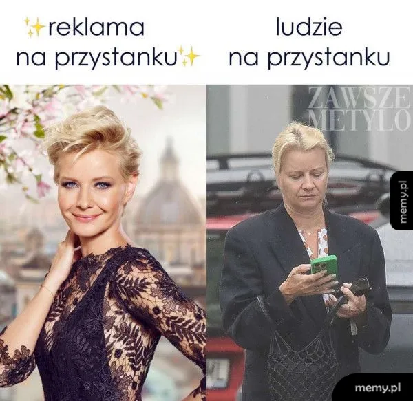 Kobieta w eleganckiej sukni obok tej samej kobiety w codziennym stroju.