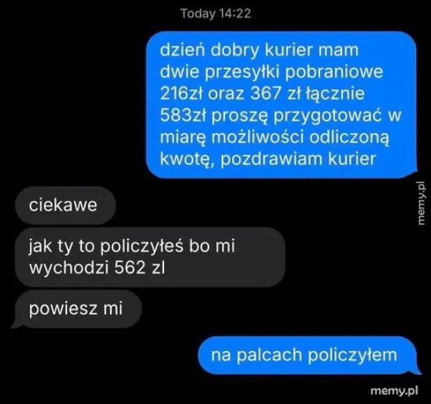 Rozmowa tekstowa dotycząca przesyłek i obliczeń kwoty.