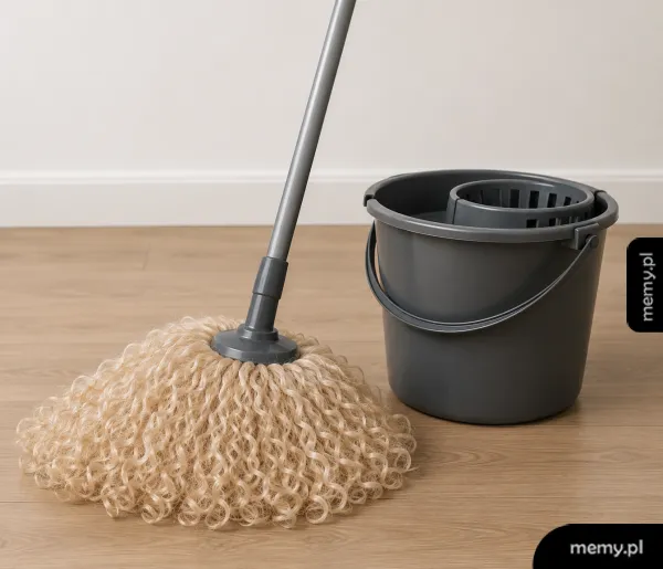 Mop z włosami w stylu afro obok wiadra.