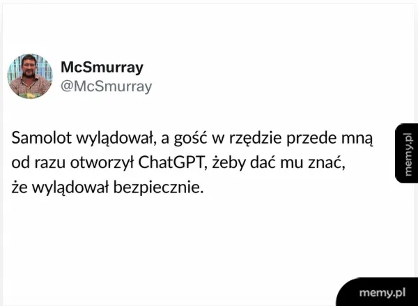 Mężczyzna z brodą i okularami, tweet o sytuacji w samolocie.