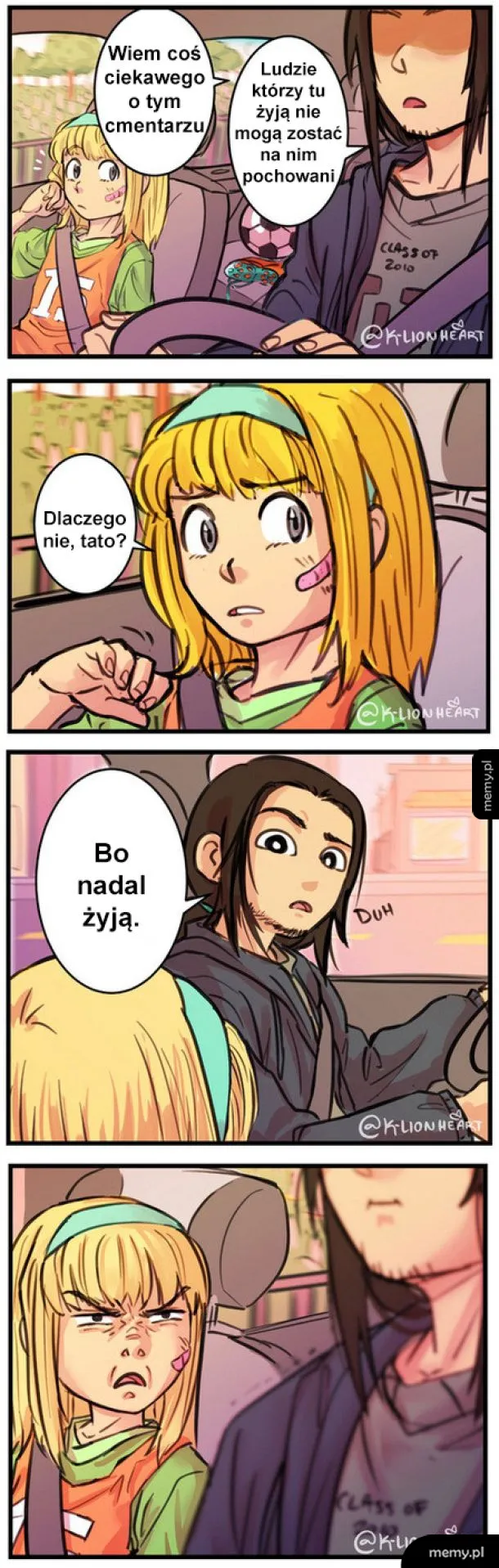 Dwie postacie w samochodzie, jedna z raną na twarzy, rozmawiają.