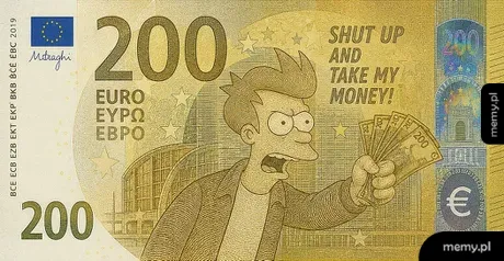Banknot 200 euro z postacią trzymającą pieniądze.