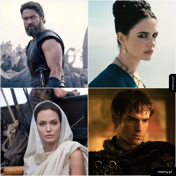 Cztery postacie z filmów historycznych, w tym wojownik i kobieta w eleganckich strojach.