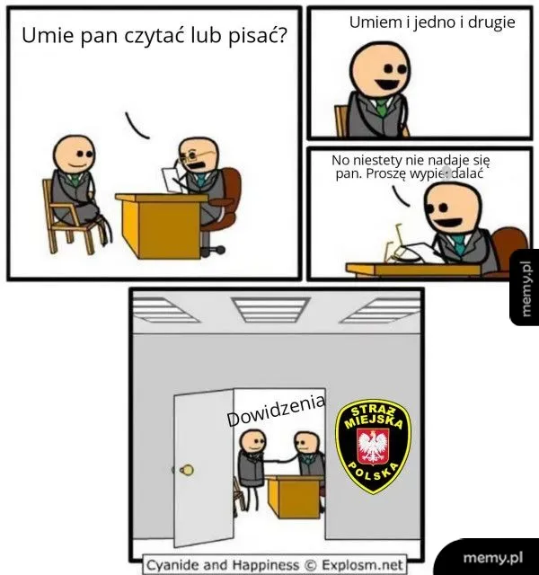Postać w garniturze rozmawia z inną postacią przy biurku.