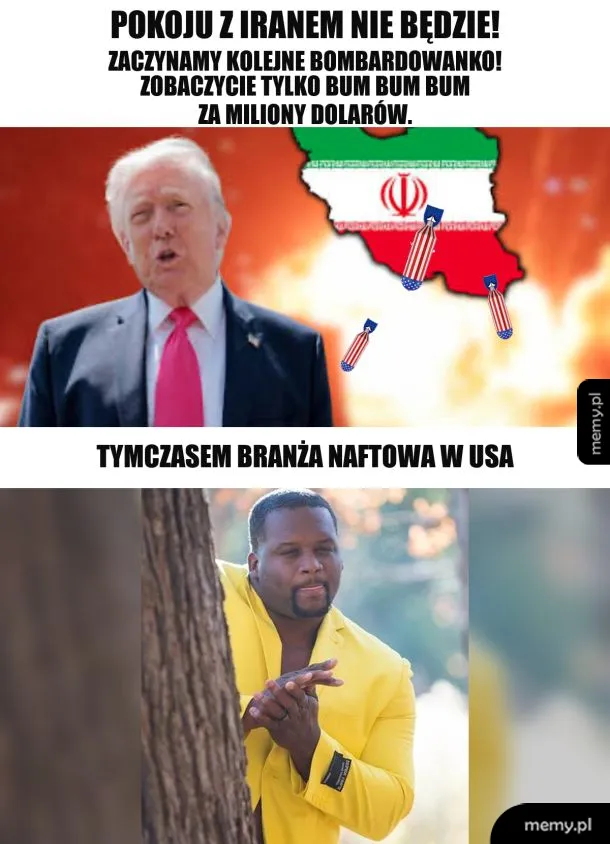 Mężczyzna w garniturze z wyrazem zaniepokojenia, w tle mapa Iranu z rakietami.