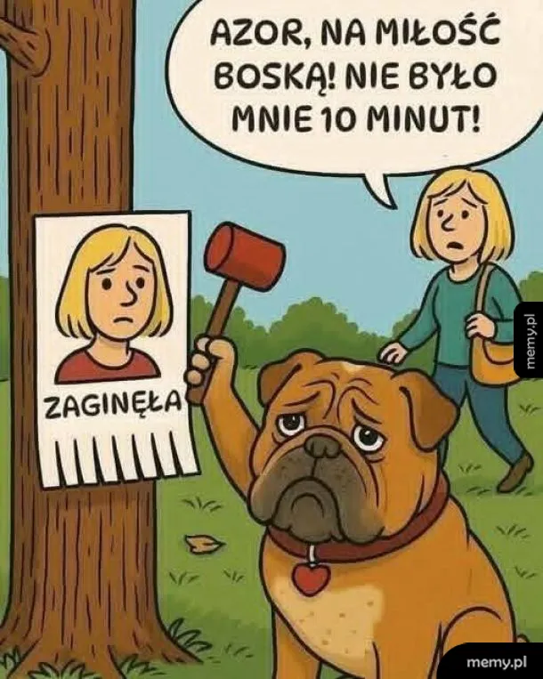 Pies trzymający młotek, smutny, obok ogłoszenie o zaginionej dziewczynce.