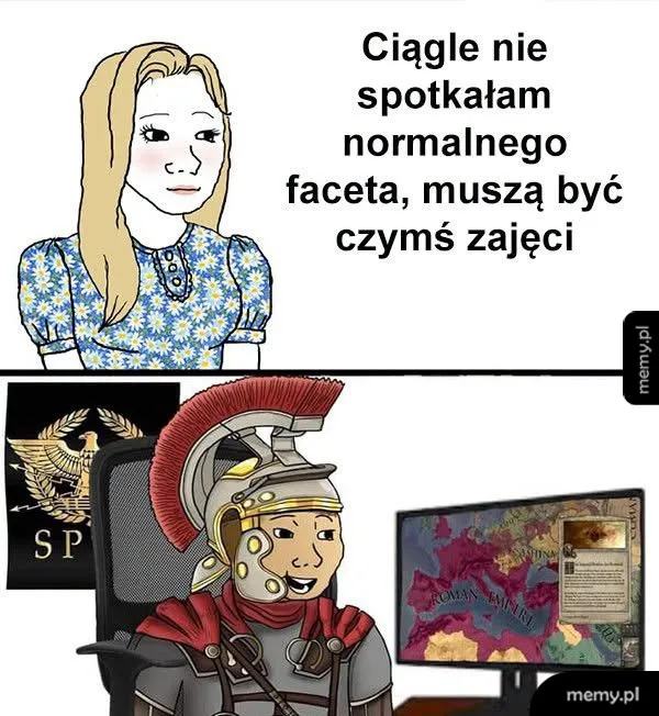 Kobieta w kwiecistej sukience i mężczyzna w zbroi rzymskiego żołnierza przy komputerze.