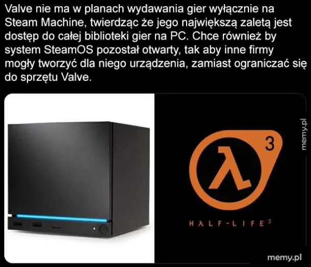 Konsola z logo Half-Life 3 i tekstem o Steam Machine.