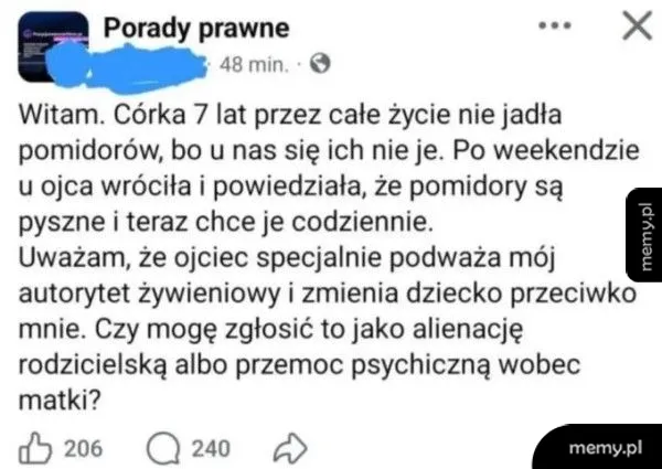 Kobieta pisze o problemie z córką, która nie je pomidorów.