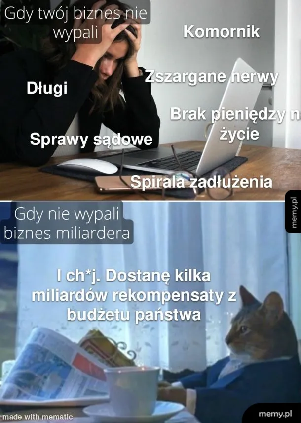 Osoba zmartwiona przy komputerze, obok kot w garniturze.