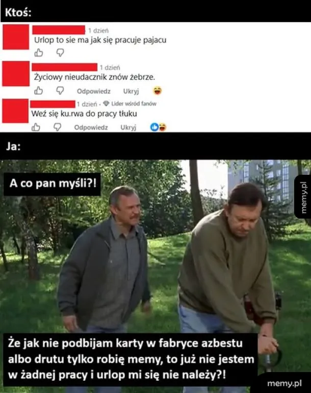 Dwa mężczyźni rozmawiają, jeden z nich trzyma narzędzie.