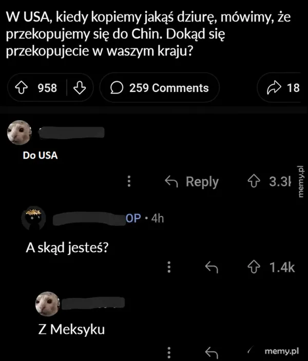 Rozmowa w komentarzach na temat przekopywania dziury do Chin.