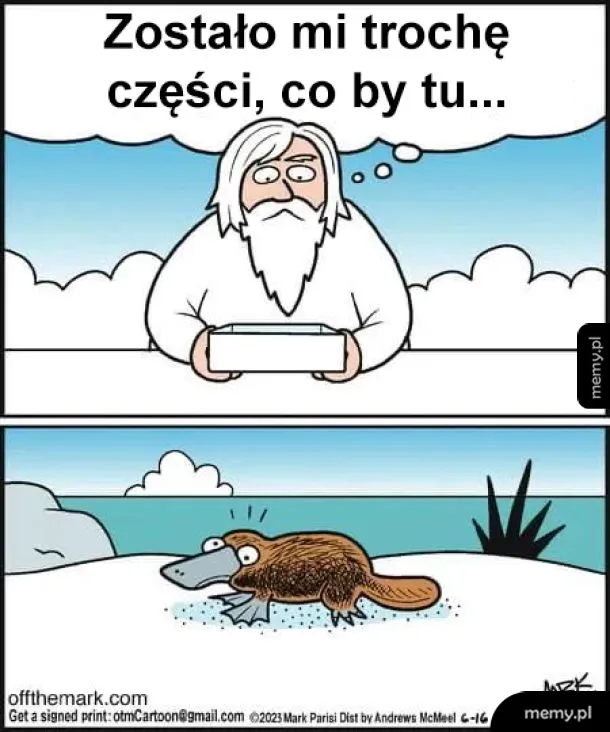 Postać z długą białą brodą trzyma pudełko, a poniżej widać dziobaka.