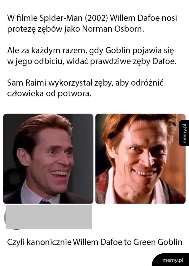 Willem Dafoe w dwóch różnych ujęciach: uśmiechnięty i jako Green Goblin.