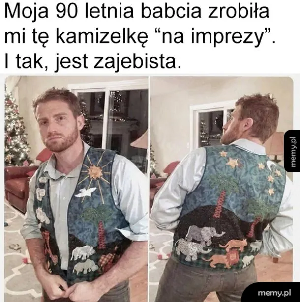 Mężczyzna w kolorowej kamizelce z haftami zwierząt.