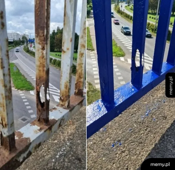 Zardzewiała i odnowiona balustrada mostu.