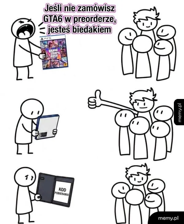Postacie w stylu kreskówkowym, jedna osoba trzyma pudełko gry, inne osoby w grupie.