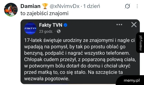 Mężczyzna pisze o 17-latku, który miał wypadek podczas urodzin.