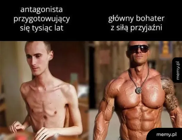 Porównanie dwóch postaci: chudy antagonista i umięśniony bohater.