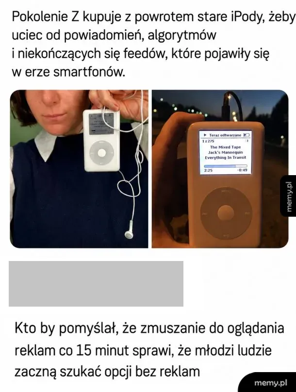 Osoba trzymająca stary iPod, z ekranem pokazującym wiadomość.
