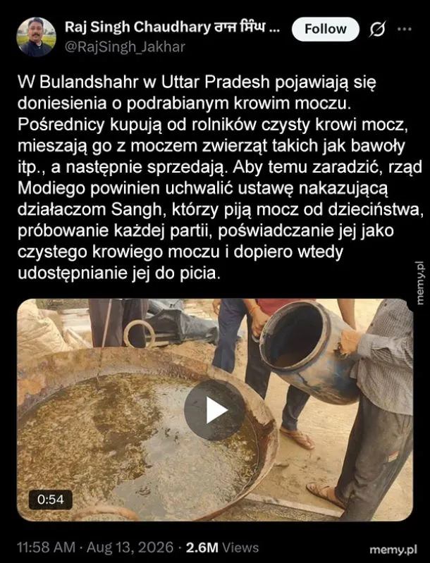 Tekst na tle ciemnego tła z informacjami o kradzieży krwi krowiej w Indiach.