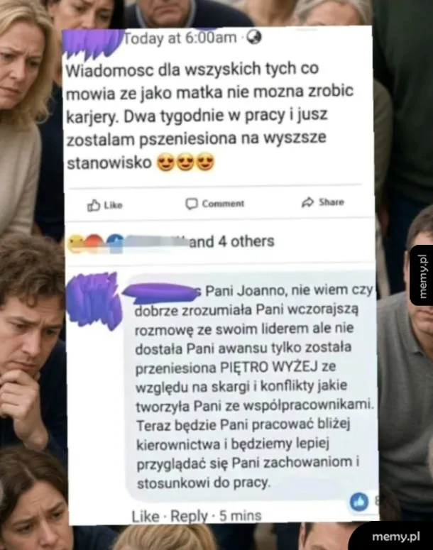 Kobieta w biurze z telefonem, obok komentarze na Facebooku.