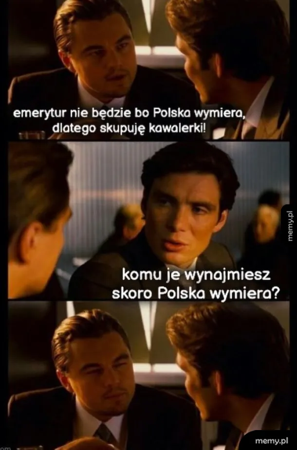 Memiczny kadr z filmu Incepcja przedstawiający rozmowę dwóch mężczyzn